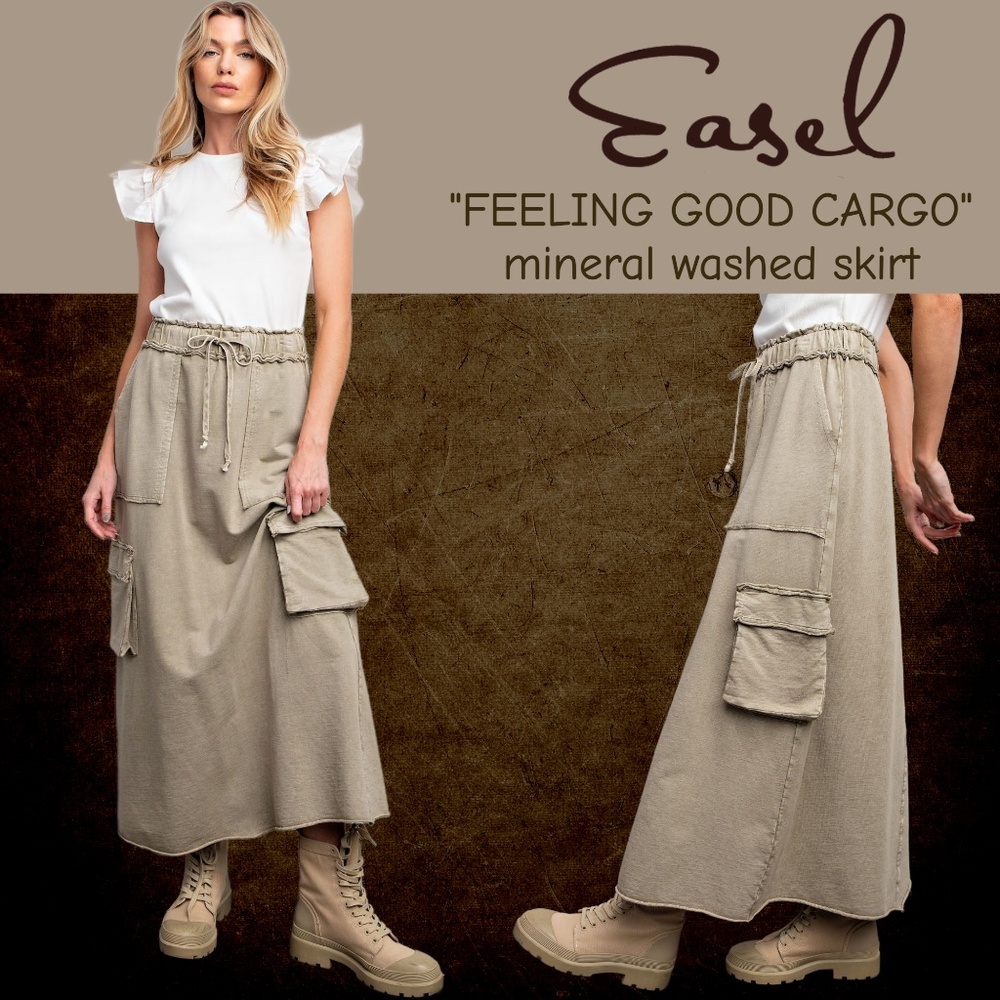 EASEL “Feeling Good Cargo” Mineral Washed Skirt Raw Seams/Hem Hip & Side Pockets